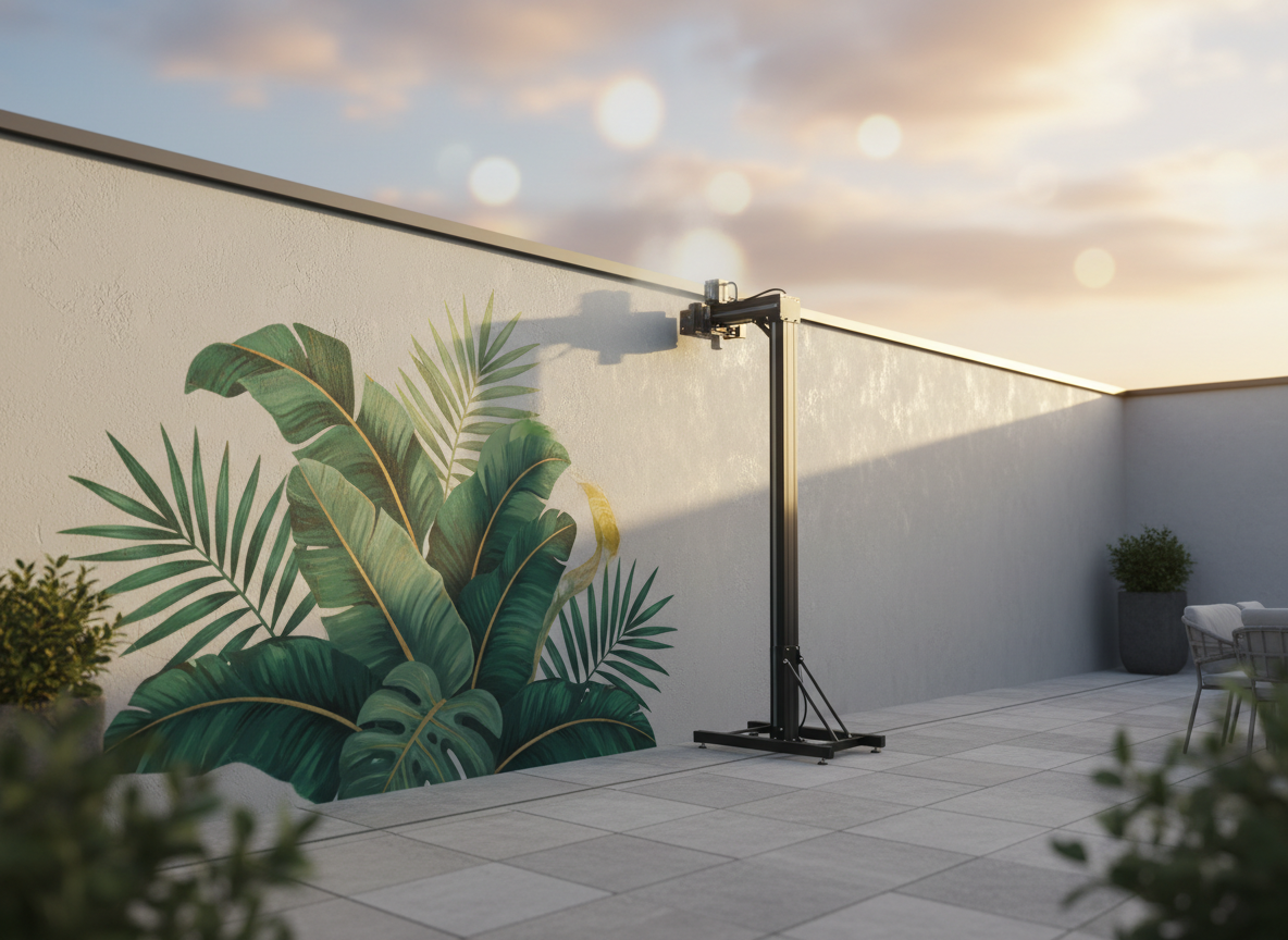 A sheltered outdoor patio wall of smooth, light gray stucco, partially printed by a vertical mural printer with a botanical composition of oversized tropical leaves in emerald, sage, and deep forest green, accented with touches of muted gold. The printer tracks vertically along subtle guide rails anchored to clean stone pavers. Late afternoon golden hour sunlight creates warm highlights on the textured wall and soft shadows of nearby planters, while the sky above appears as a gentle bokeh. Captured from a three-quarter angle with moderate depth of field, the image is photorealistic and sophisticated, conveying durability and elegance for exterior applications, and the serene transformation of an ordinary façade into a refined design feature.