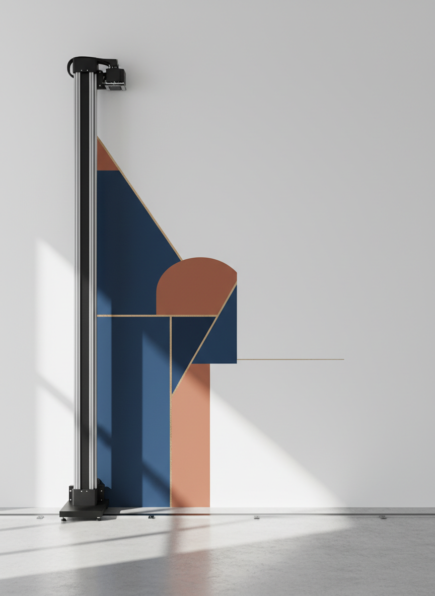 A sleek vertical 3D wall printer stands flush against a tall, pristine white interior wall, its metal frame in matte black and brushed aluminum, precisely aligned on slim floor rails. A vibrant geometric mural in deep blues, rich terracotta, and soft gold emerges in perfect vertical passes, ink still subtly glossy against the matte paint. Soft, diffused daylight enters from an unseen side window, casting gentle, elongated shadows of the machine onto a polished concrete floor. Shot at eye level with photographic realism, the composition follows the rule of thirds, emphasizing the contrast between blank wall and printed area. The mood is sophisticated and professional, showcasing high-end technology transforming a minimalist space with clean, modern elegance.