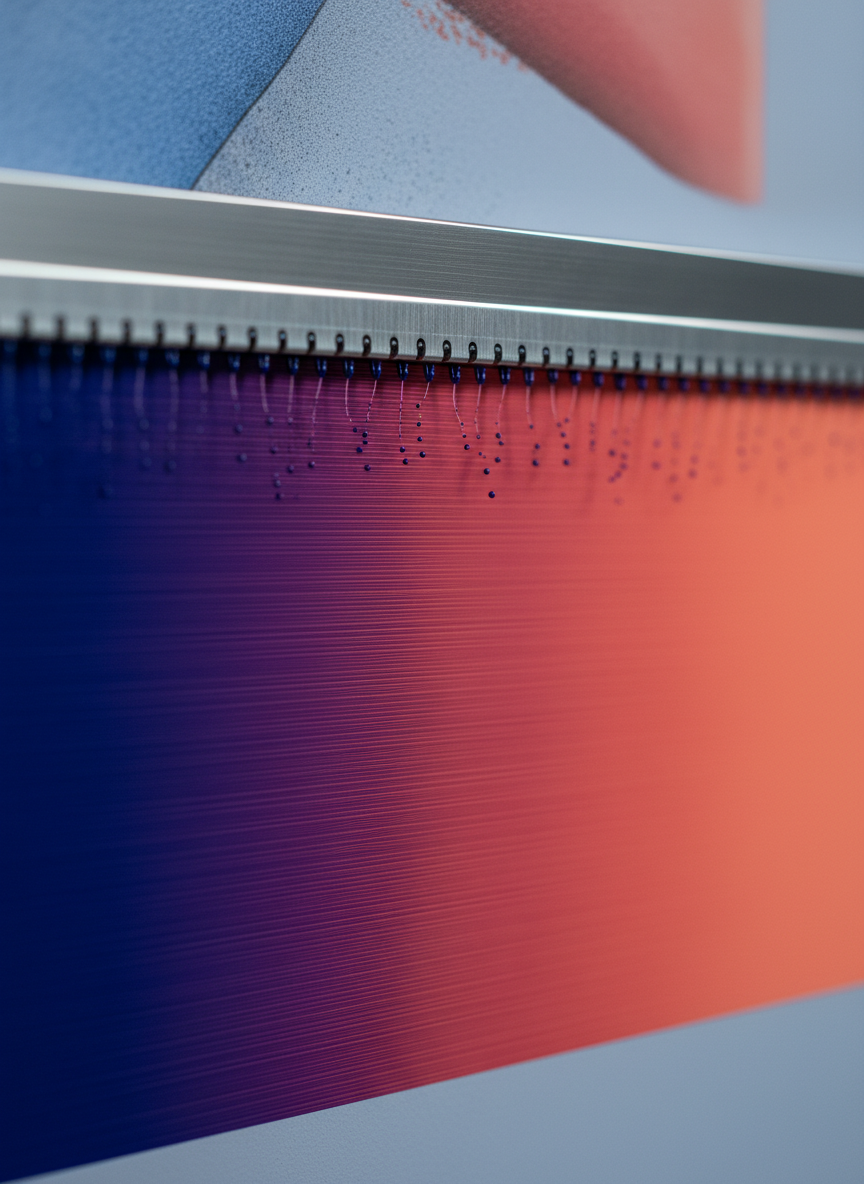 A close-up, detailed view of ink nozzles on a vertical 3D wall printer in mid-operation, depositing ultra-fine droplets of pigment onto a smooth, matte interior wall. The camera focuses sharply on a gradient of saturated color—deep indigo melting into magenta and soft coral—revealing precise lines and microscopically even coverage, while the background mural softly blurs into an abstract haze. Cool, controlled studio lighting from both sides emphasizes the subtle sheen of fresh ink and the brushed metal texture of the print head assembly. Photographic realism with shallow depth of field creates a sophisticated, high-tech mood, highlighting precision engineering and premium print quality without showing the full machine or environment.