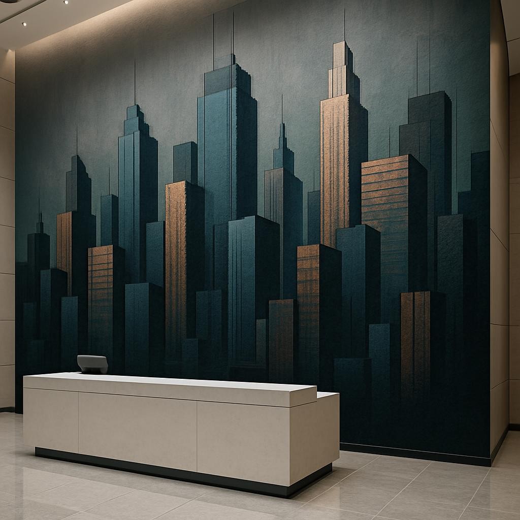 An expansive office lobby wall in a contemporary corporate building, fully covered by a meticulously printed mural created with a vertical 3D wall printer. The design features an abstract cityscape in deep charcoal, muted teal, and metallic copper accents, printed with crisp, razor-sharp edges and subtle texture that catches the light. The wall sits behind a low, minimalist reception counter of white stone, with polished stone flooring reflecting soft overhead architectural lighting. The scene is captured with a wide-angle lens from a slightly elevated viewpoint, in photographic realism, highlighting the mural’s scale and precision. The mood is refined and aspirational, emphasizing how mural printing elevates commercial spaces with bespoke, high-end visuals.